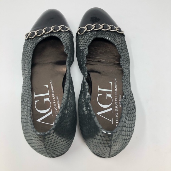 AGL Ballet Flats Shoes 5 35 Black Cap Chain Italy Women Attilio Snakeskin Silver - Picture 6 of 8